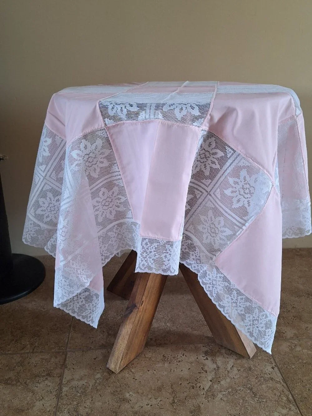Lace and Blush Pink Patchwork Tablecloth 44 x 44